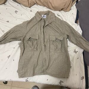 Men's Casual Button-Down Shirt Jacket - Beige Stripe
